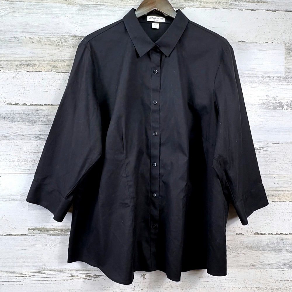 Coldwater Creek Button Down Womens 3X Black 3/4 Sleeve No Iron Cotton Corpcore